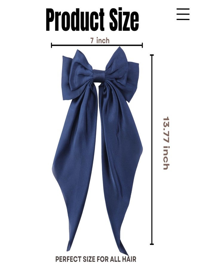 LuSeren 2PCS Big Hair Bow Clips for Women Girls – Navy Blue Satin Ribbon Bow Barrettes with Long Tails, Large Hair Accessories for Ponytail, Party, Wedding & Everyday Wear - Image 2